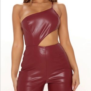 Brand New Fashion Nova “I’m the One PU Leather Jumpsuit Burgundy size M